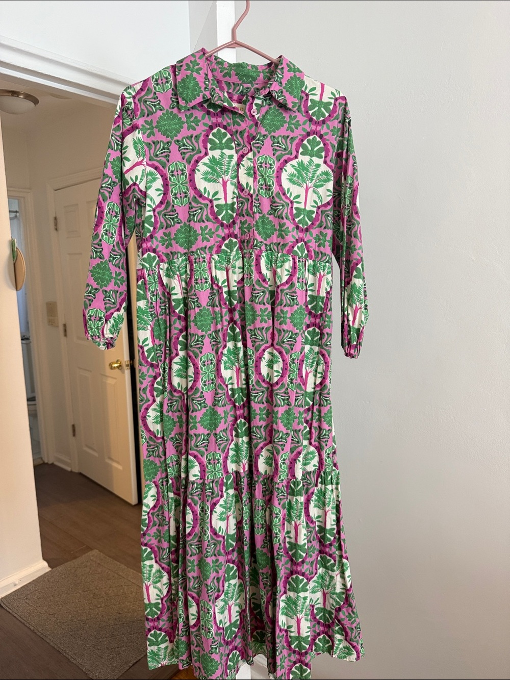 Anthropologie Pink & Green Printed Button-Front Maxi Dress